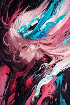 masterpiece, best quality, ultra high res, 1girl, (abstract art:1.4), bleeding color, visually stunning, beautiful, evocative, emotional, side view,colored sclera, brown eyes,  ,light pink hair,
