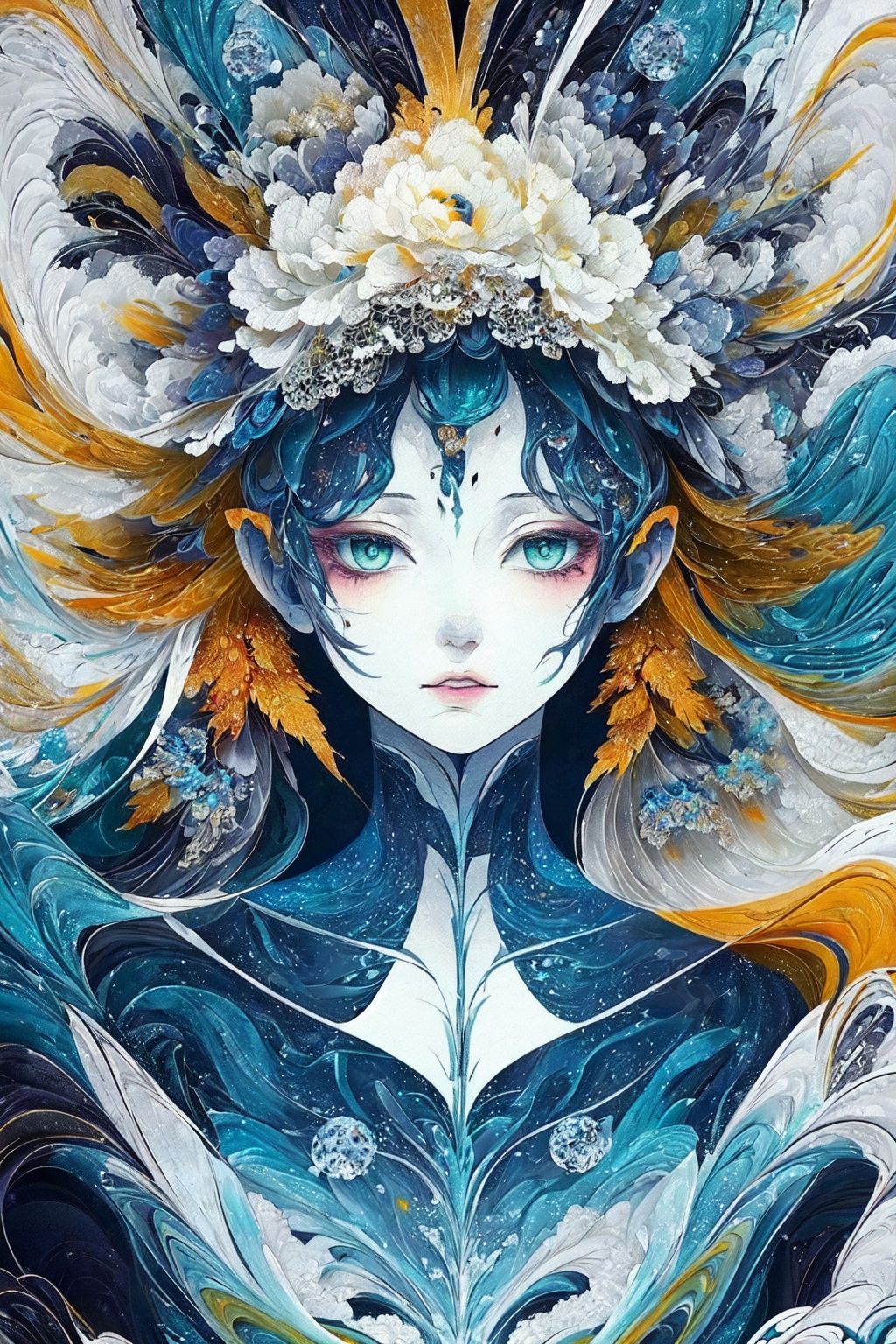  masterpiece, best quality, ultra high res, (extreme detailed), (1 beautiful girl), (abstract art:1.4),bleeding yellow, visually stunning, beautiful, evocative, emotional, ((white background)), blue theme, gf-hd