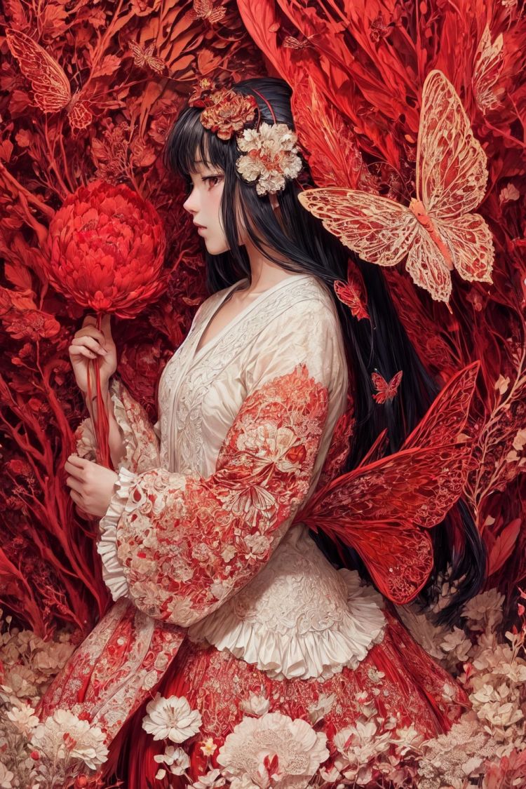 abstract art, (style of Yuko Shimizu:1.3), (red theme:1.1), gold theme, golden butterflies, dark stars, 1girl, field of white flowers, , facing viewer
