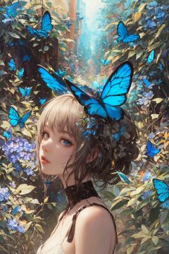 masterpiece, best quality, ultra high res, beautiful, visually stunning, gorgeous, evocative, (abstract art:1.4), 1girl, (blue butterflies, flowers:1.2),
