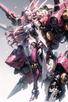 Pink Mecha,Honey Mecha,Mecha all,,full body,Full body mecha,panorama, sideways, negative space, Realistic photography, 8k resolution, real photos, A mech girl with long hair,  (full body:1.1), mysterious, photon mapping, radiosity, physically-based rendering, delicate realism, night, (Ruins:1.1), (pink style:1.2), Face covered by mecha，Female figure,Sleeves long mechanical legs