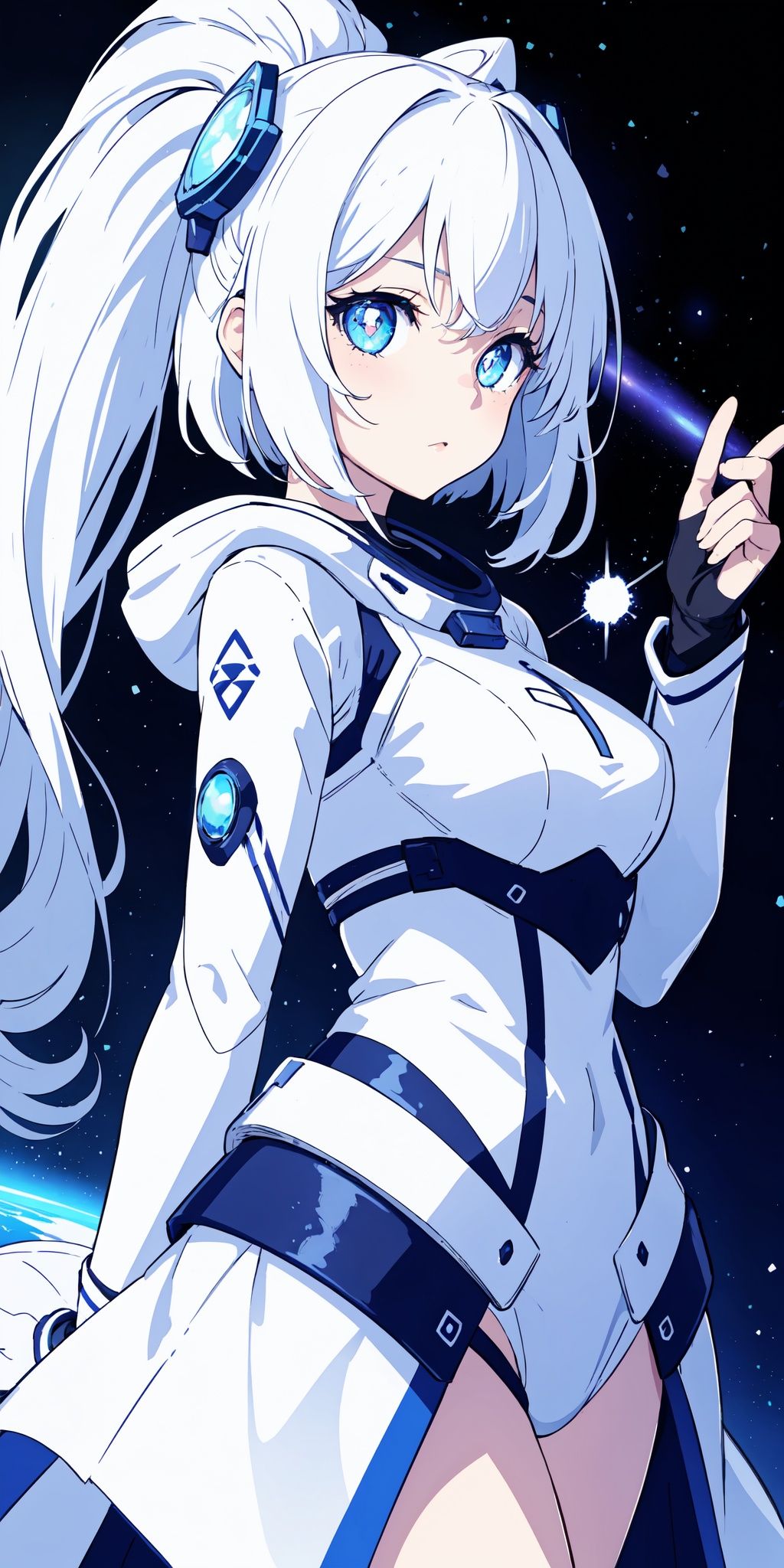 1girl, white hair, symbol-shaped pupils, space goddess, galaxy, light particles, light rays, wallpaper, high contrast, colorful,