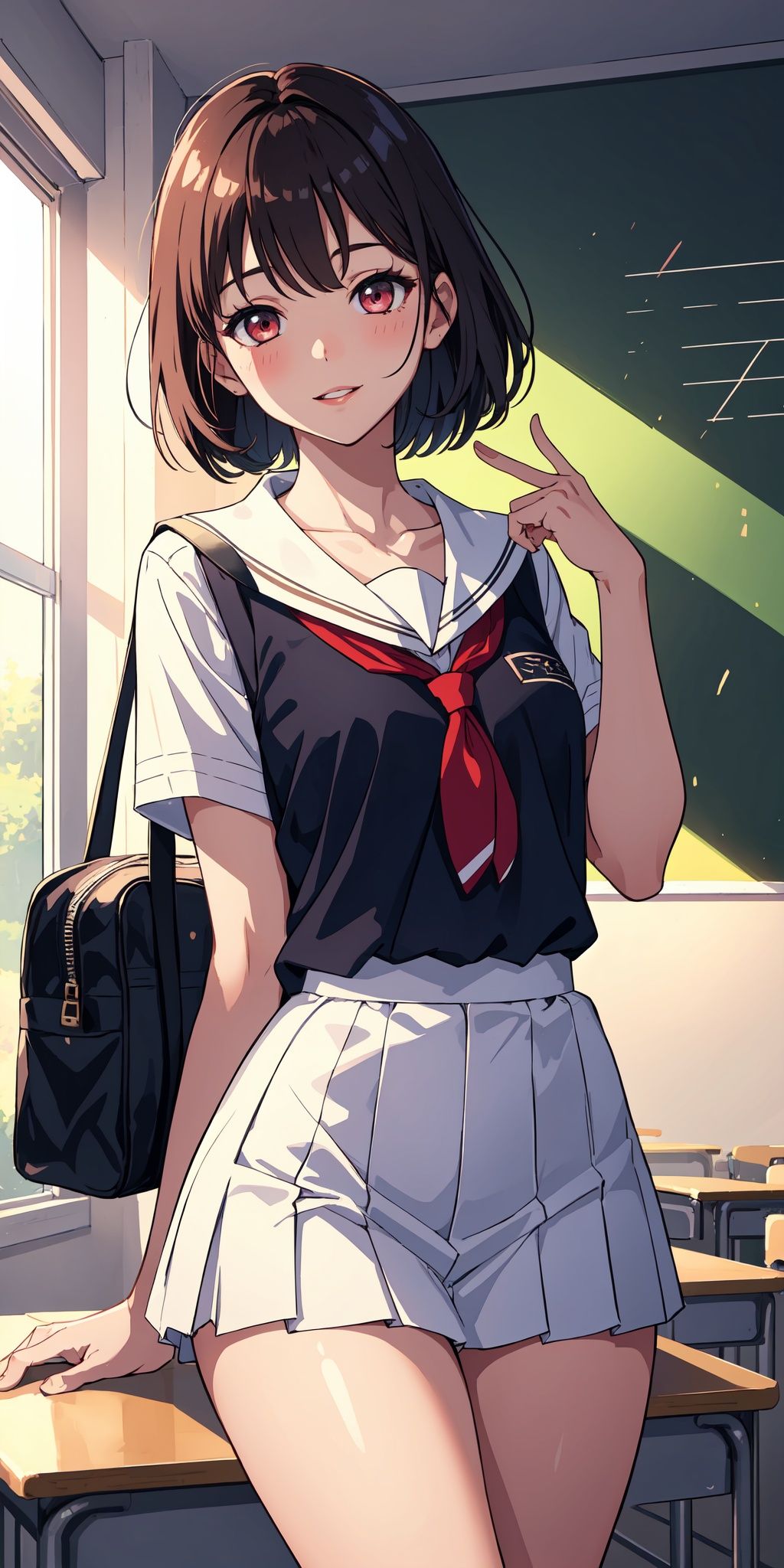 1girl, parted lips, blush, makeup, light smile, school uniform, classroom, school bag, light rays, glow, thighs, collarbone, narrow waist, (masterpiece), wallpaper,