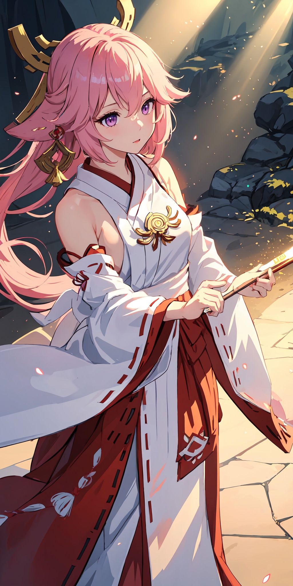 1girl, pink hair, purple eyes, yae miko, miko, nontraditional miko, light particles, light rays, wallpaper,