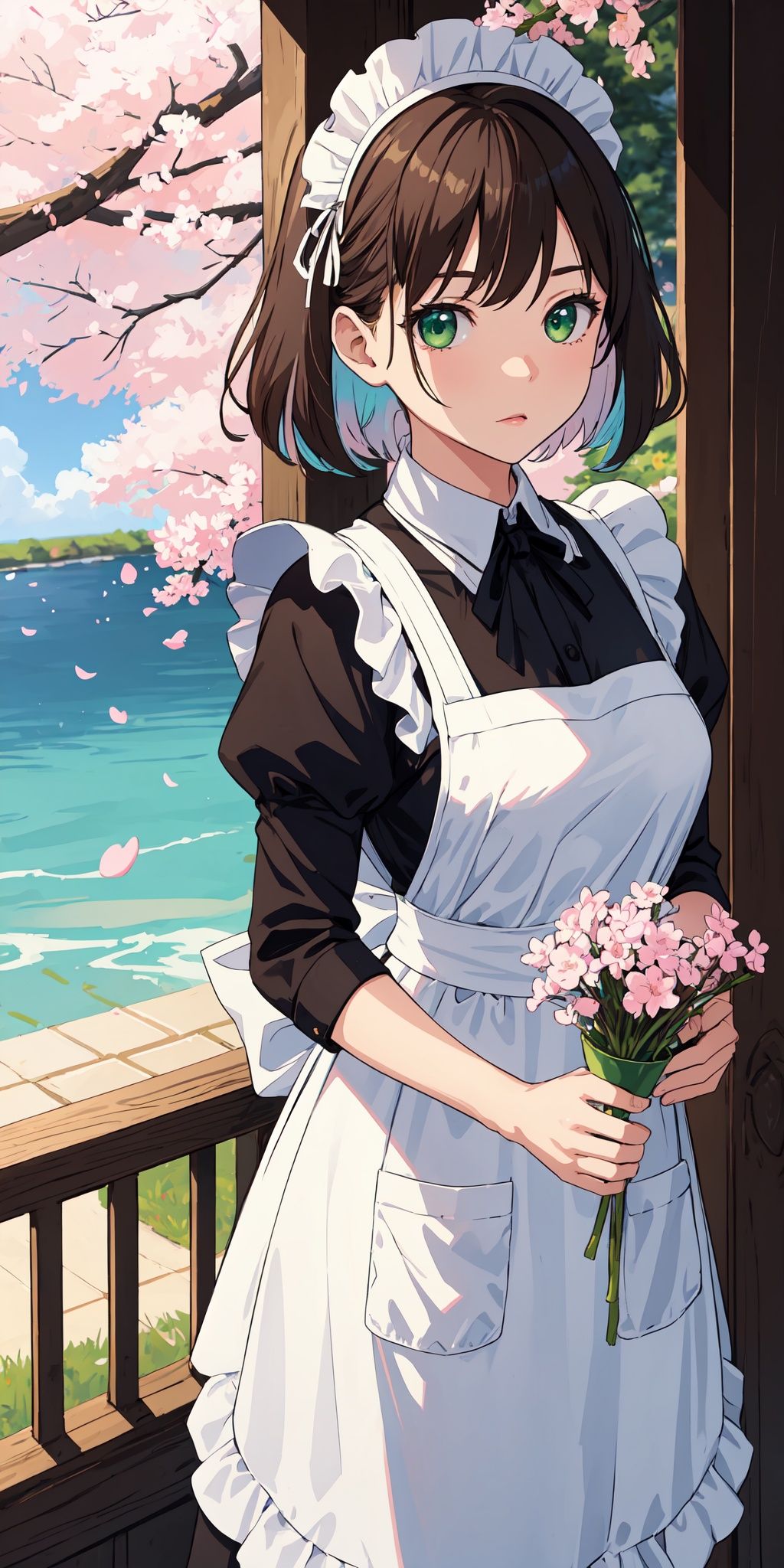 1girl, brown hair, multicolored hair, green eyes, maid, maid headdress, maid apron, cherry blossoms, sunbeam, wallpaper,
