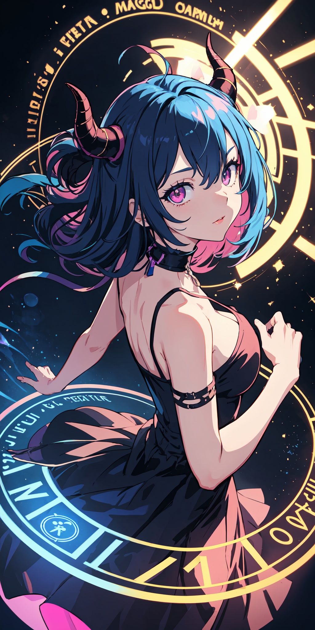 1girl, blue hair, horns, multicolored eyes, glowing, blue eye, purple eye, bare shoulders, demon eyes, magic circle, light particles, light rays, wallpaper,