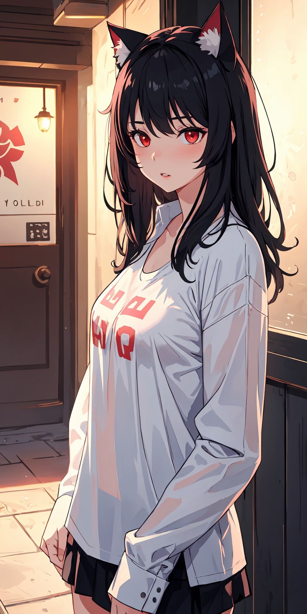1girl, black hair, red eyes, slit eyes, glowing eyes, oversized shirt, parted lips, blush, cat ears,