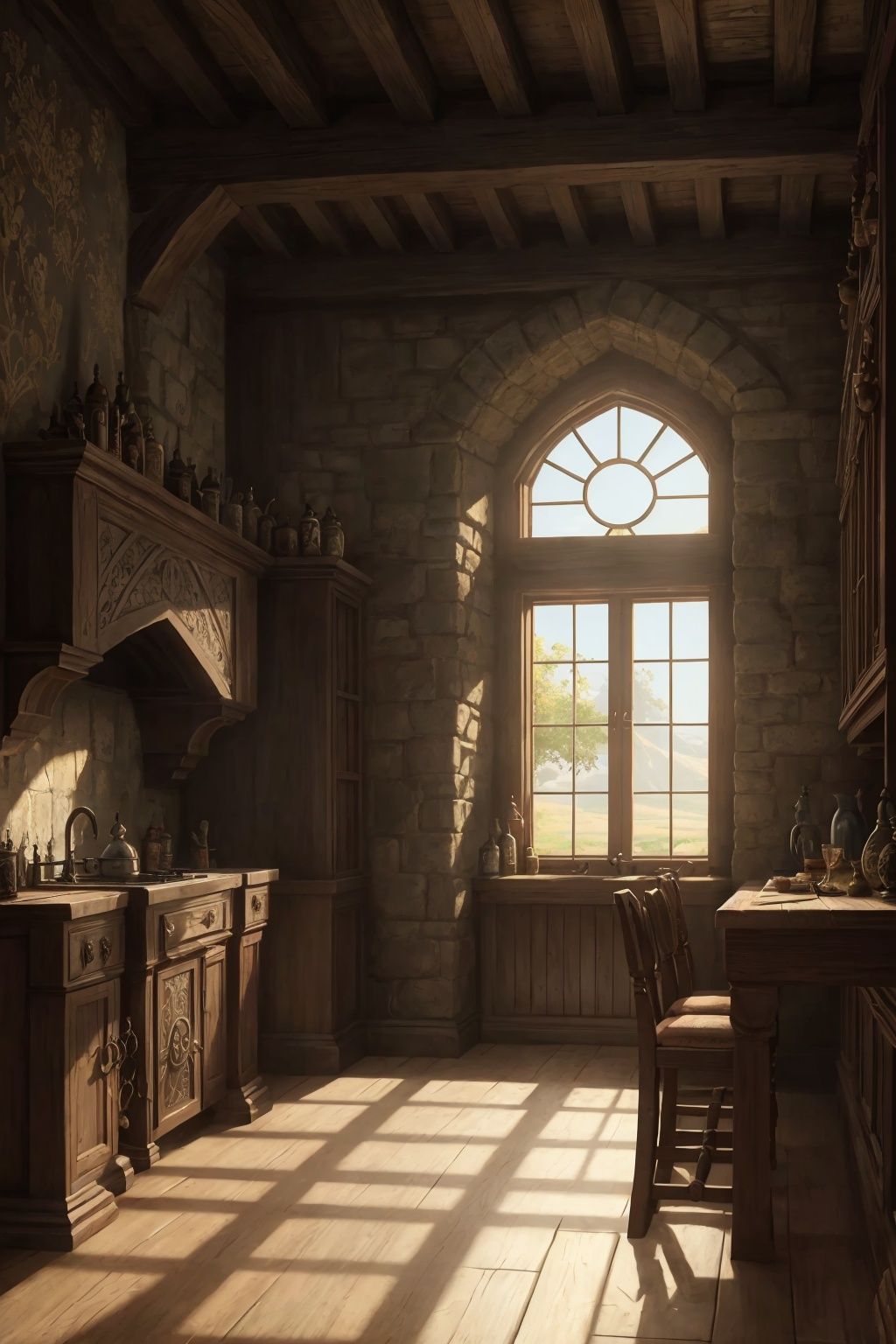 zrpgstyle,  medieval fantasy tavern interior,  colorful tapestries on the walls Game of Thrones Hogwarts bright morning su...