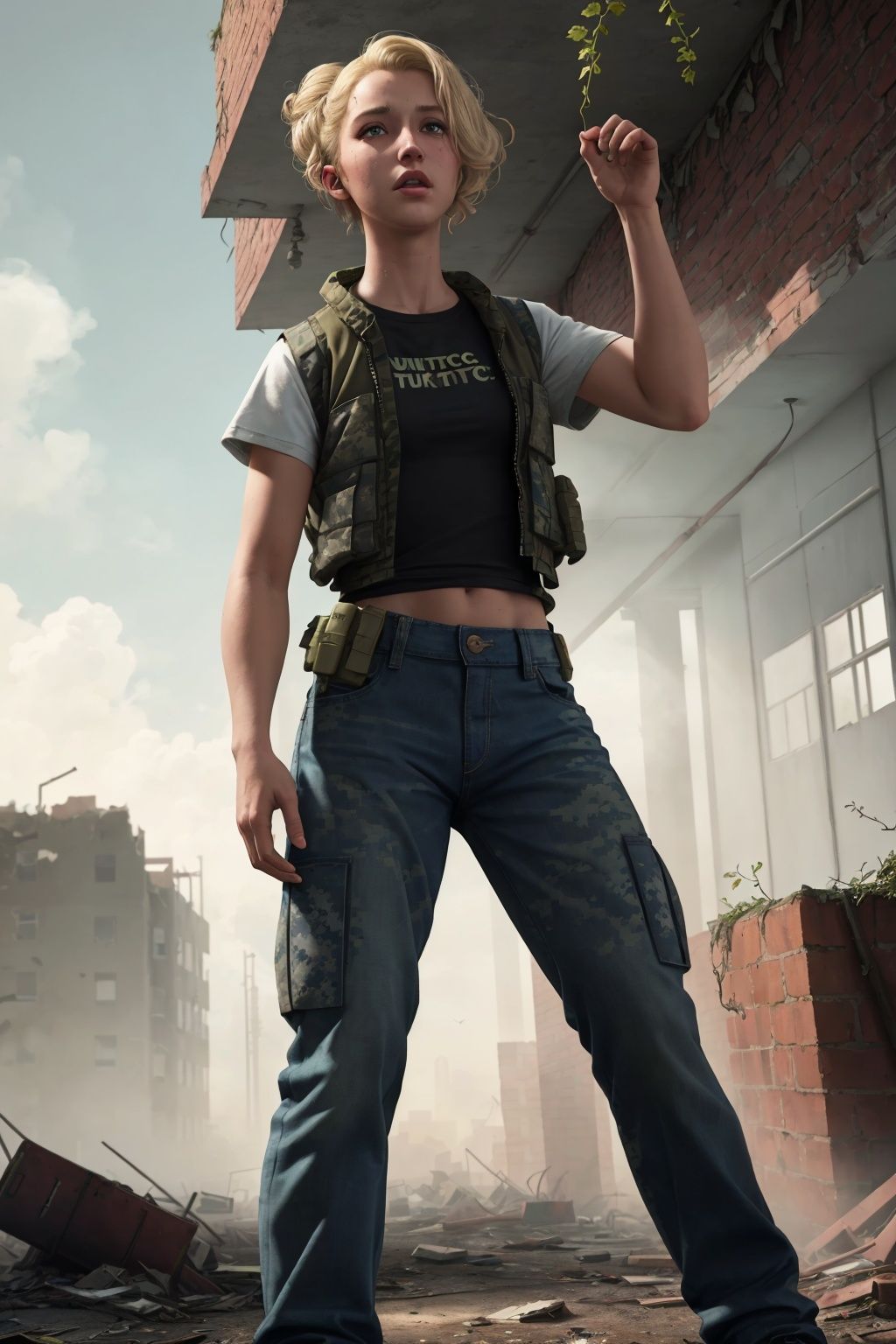 post-apocalypse fallout 4 RPG character blonde hair upsweep updo wearing black searching an abandoned building indoors ove...
