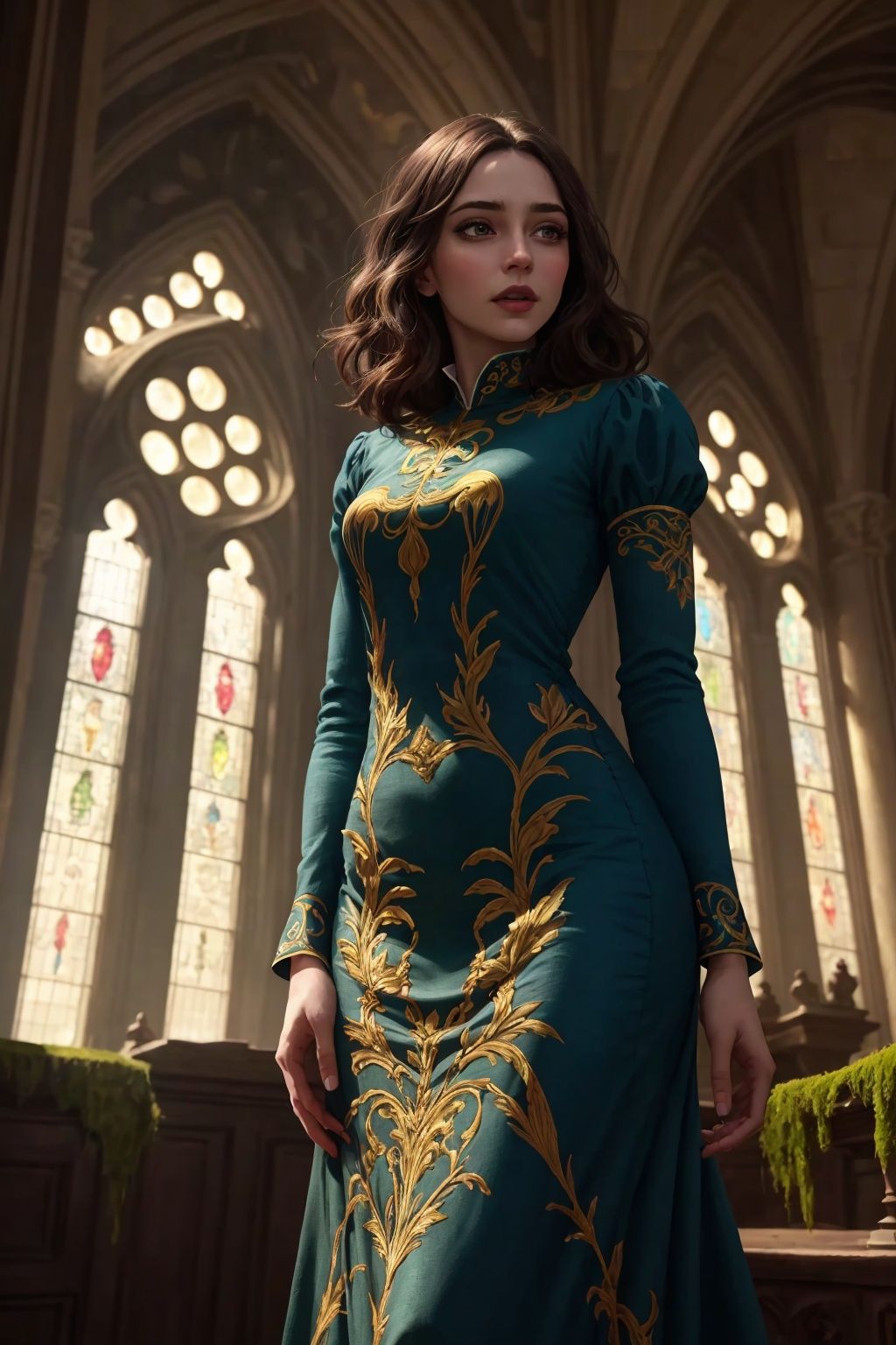 EvelynNobodySD15 dark brown layered hair standing in an luxurious stone keep,  moss-covered gothic architecture very brigh...