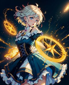(masterpiece, light effects, light particles, dynamic lighting, finely detailed: 1.2), 1girl, fantasy, Magical Girl Costumes, ruffled dress, magic wand, magic circle, dynamic angle, frying, simple background, thunderbolt, lightning ,