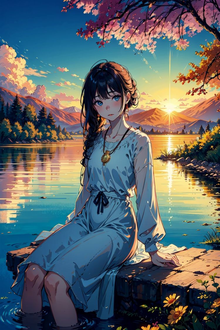 1 girl, serene expression, mesmerizing eyes, straight long hair, flowing dress, poised posture, porcelain skin, subtle blush, crystal pendant
BREAK
golden hour, (rim lighting):1.2, warm tones, sun flare, soft shadows, vibrant colors, painterly effect, dreamy atmosphere
BREAK
scenic lake, distant mountains, willow tree, calm water, reflection, sunlit clouds, peaceful ambiance, idyllic sunset, ultra detailed, official art, unity 8k wallpaper
, zentangle, mandala