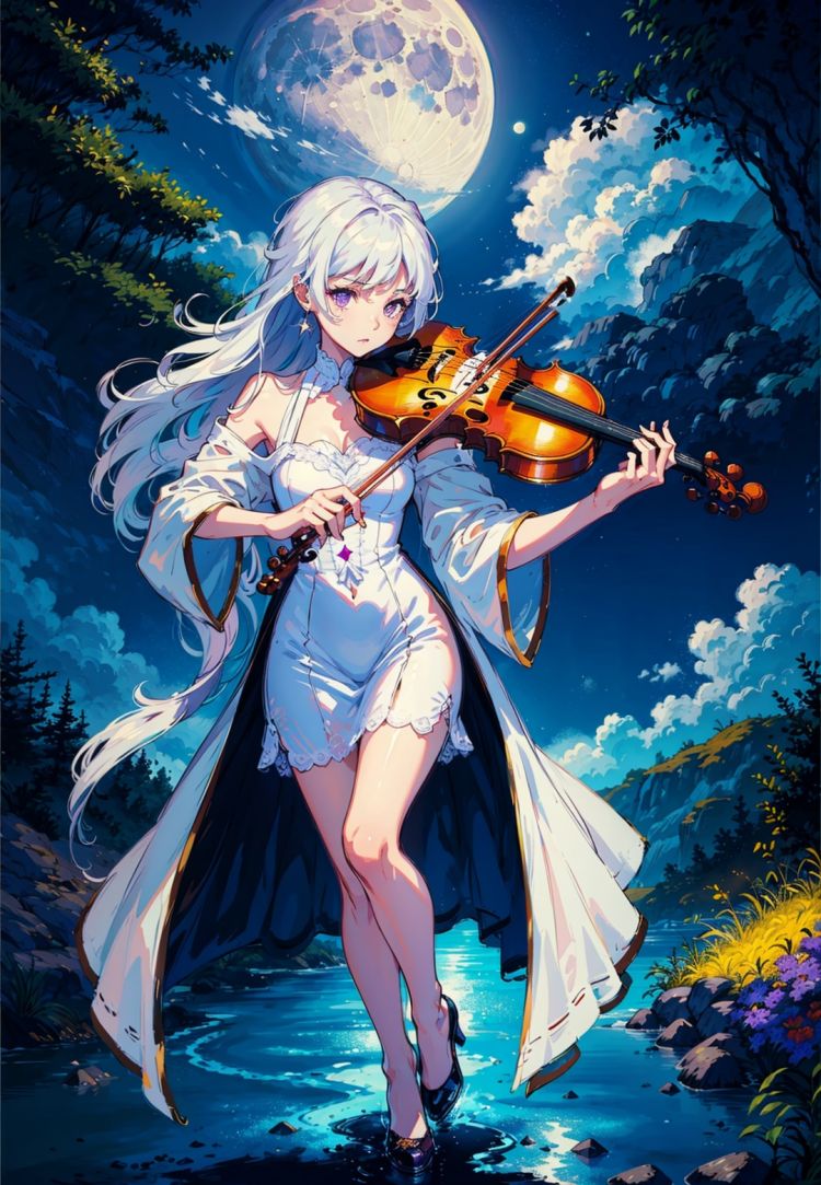 masterpiece, best quality, 1girl, full body,white hair,long hair,purple eyes, slim body,slim legs,playing violin,white dress,night,moon,shootig star,cloud,lakeshore,