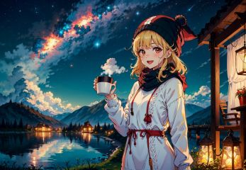 1girl, solo, night, sky, telescope, star (sky), hat, sweater, outdoors, open mouth, smile, starry sky, looking at viewer, cup, pantyhose, night sky, tent, blush, cable knit, brown eyes, holding, black pantyhose, mug, shooting star, :d, bangs, mountain, aran sweater, grass, long hair, long sleeves, scenery, white sweater, standing, holding cup, steam, red eyes, sweater dress, ribbon, scarf, turtleneck, mountainous horizon, dress, swept bangs, blonde hair, lamp, shawl, beanie, lake, lantern, coffee mug