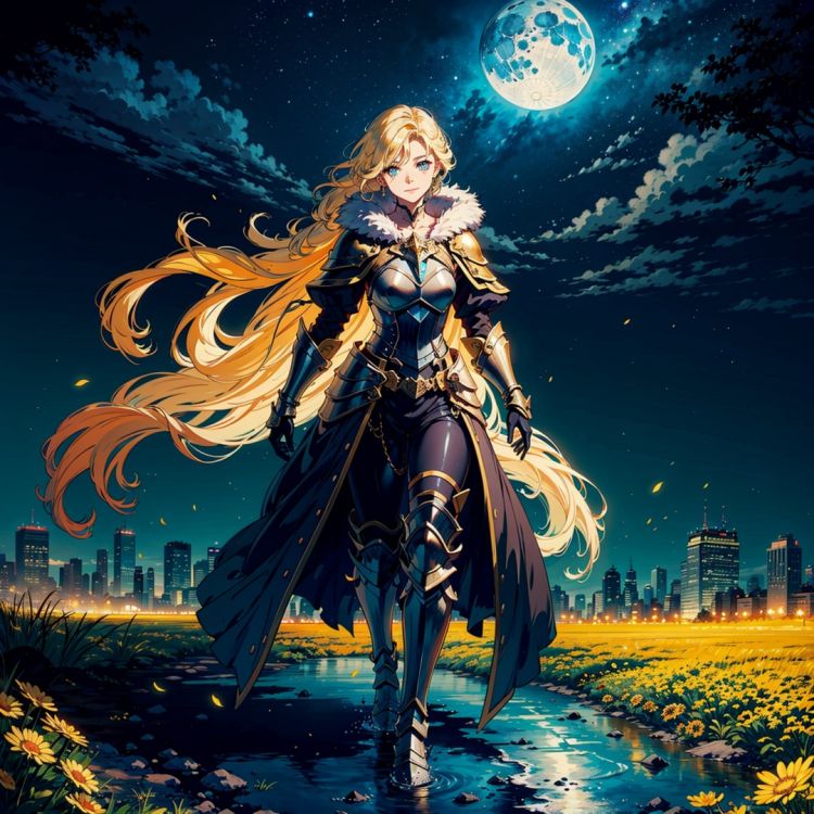 masterpiece, best quality, (colorful),cinematic lighting,extremely detailed CG unity 8k wallpaper,{holy space and Depth of field },pure water,flower field,building,particals,sky, cloudy_sky, galaxy, moonlight, moon,detailed starry sky,night, (dark theme:1.3), light, fantasy,1girl,full body,(finely detailed beautiful eyes),gold hair,long hair,solo,smile,an gold armored female paladin,gold armor, gold accents. intricate,fur,elegant,