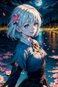 masterpiece, best quality,
1girl, (colorful),(finely detailed beautiful eyes and detailed face),cinematic lighting,bust shot,extremely detailed CG unity 8k wallpaper,white hair,solo,smile,intricate skirt,((flying petal)),(Flowery meadow)
sky, cloudy_sky, building, moonlight, moon, night, (dark theme:1.3), light, fantasy,