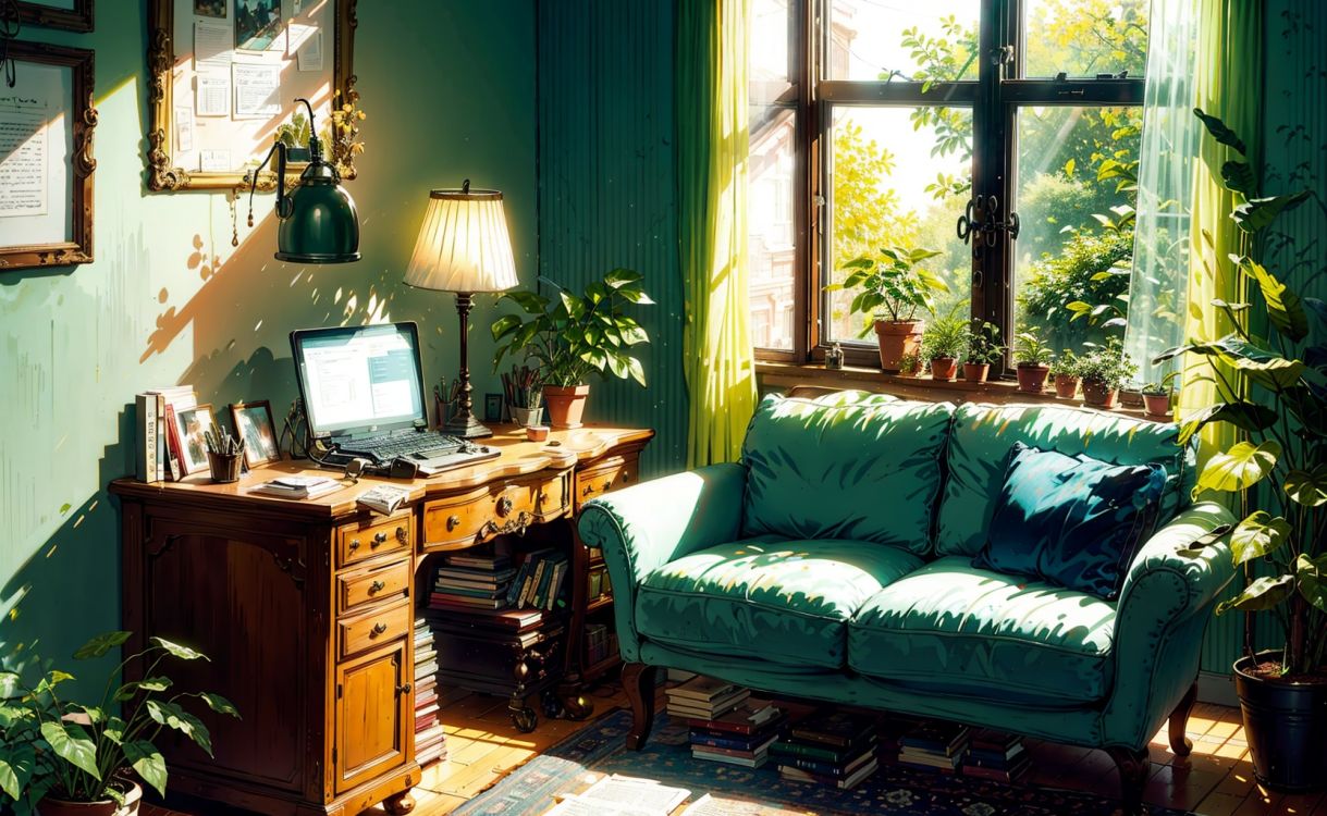 living room, couch, window, curtains, dappled sunlight, potted plant, table, cabinet,bookshelf, paper, desk lamp, typewriter