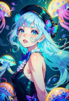 ((masterpiece)),(illustration),(((best quality)),iridescent, ((beautiful detailed girl)),jellyfish_girl,small breast,upper_body, (delicate cute face),lovestruck,(iridescent eyes), ((floating_hair)),iridescent,(jellyfish_hat),bow, dark_blue dress,bowties,laces,ribbons,pearl, (in deep_sea),fishes,(jellyfish),beautiful landscape,