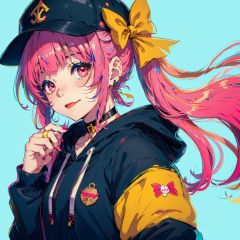 1girl, solo, tongue out, tongue, hat, multicolored hair, bow, black headwear, jewelry, pink hair, multicolored nails, baseball cap, long sleeves, twintails, nail polish, long hair, upper body, blue bow, ring, looking at viewer, bangs, streaked hair, ribbon, jacket, hands up, sleeves past wrists, :p, yellow nails, yellow bow, hood, blonde hair, pink nails, blush, black jacket, smile, blue nails, blue ribbon, hair ribbon, low twintails, fingernails, own hands together, hood down, heart, two-tone hair, hair bow, white bow, multicolored eyes, choker, black hoodie, pink eyes, closed mouth, button badge, puffy long sleeves, yellow ribbon, badge, bandaid on hand, pink bow, puffy sleeves, purple eyes, red hair, blunt bangs, steepled fingers, virtual youtuber, hooded jacket, white ribbon, hoodie, star (symbol), shirt