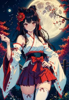 1girl, long hair, solo, thighhighs, black hair, hair ornament, moon, japanese clothes, skirt, detached sleeves, white thighhighs, miko, hakama short skirt, hair flower, very long hair, ribbon trim, ribbon-trimmed legwear, full moon, hakama skirt, hakama, brown eyes, outdoors, night, standing, looking at viewer, flower, hand on hip, tree, red skirt, sky, wide sleeves, smile, ribbon-trimmed sleeves, star (sky), fence, blush, bangs, zettai ryouiki, bare shoulders, night sky, red eyes, nontraditional miko, red hakama, thighs, closed mouth