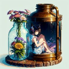 masterpiece, best quality, 1girl, in a jar, jar, simple background, full body, flower, sitting,erune,