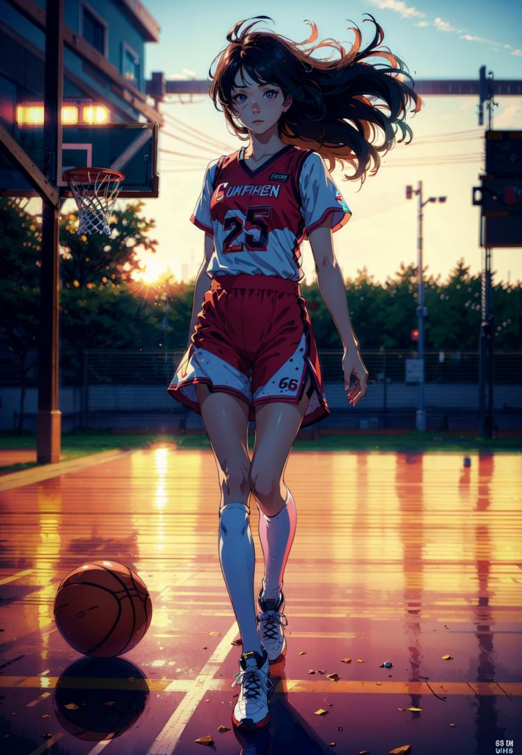 (8k, best quality, masterpiece:1.2), (realistic, photo-realistic:1.37), ultra-detailed,best quality, ultra high res, professional lighting, photon mapping, radiosity, physically-based rendering, cinematic lighting,
basketball court,depth of field, sharp focus,sunbeam, good composition,(bokeh:1.2)
1girl,solo,(full body), (closed mouth),beautiful detailed eyes, pose, narrow waist,basketball uniform,
black hair,messy hair,long hair floating in wind,(ulzzang-6500:1.2)