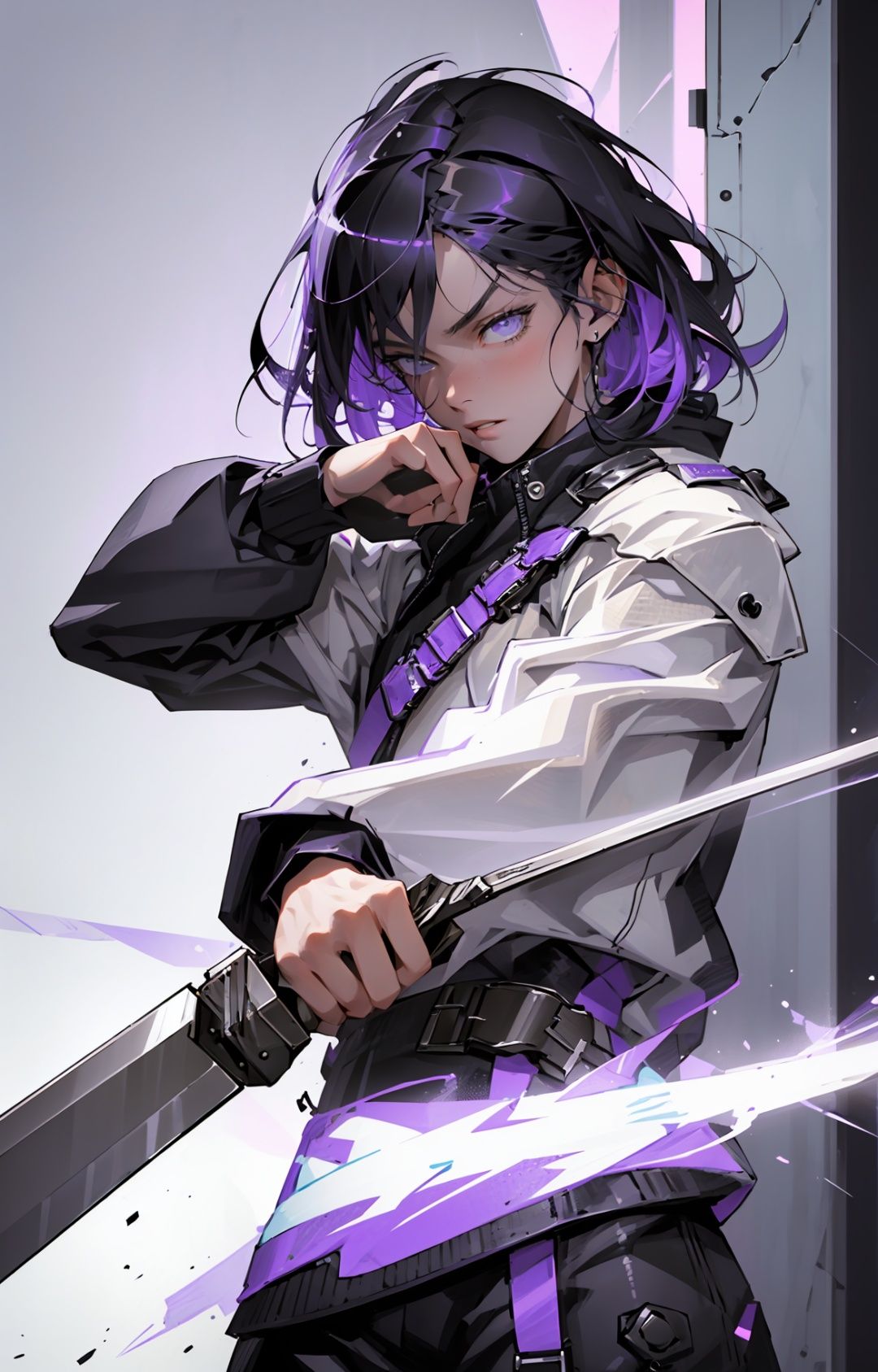 1boy, letterboxed,purple theme,  male_focus, black_hair, weapon, solo, thundering, lightning,  illustration.media,  ,action shot, <lora:NijiExpressV2:0.9>, masterpiece, best quality,