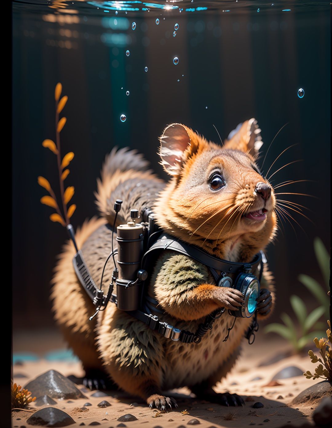 quokka,underwater,(2D),Bubble,(HD screen:1.1),(some fish:1.1),(no humans),close up,swim,Oxygen ****,diving suit,, masterpiece, best quality,