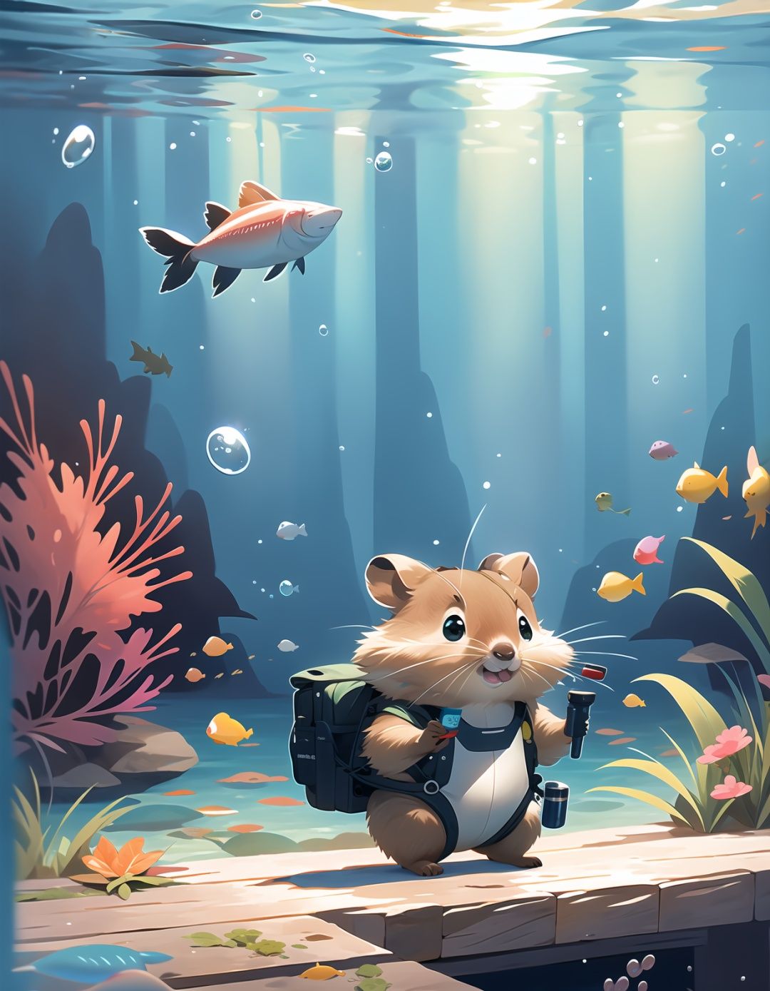 quokka,underwater,(2D),Bubble,(HD screen:1.1),(some fish:1.1),(no humans),close up,swim,Oxygen ****,diving suit,, masterpiece, best quality,