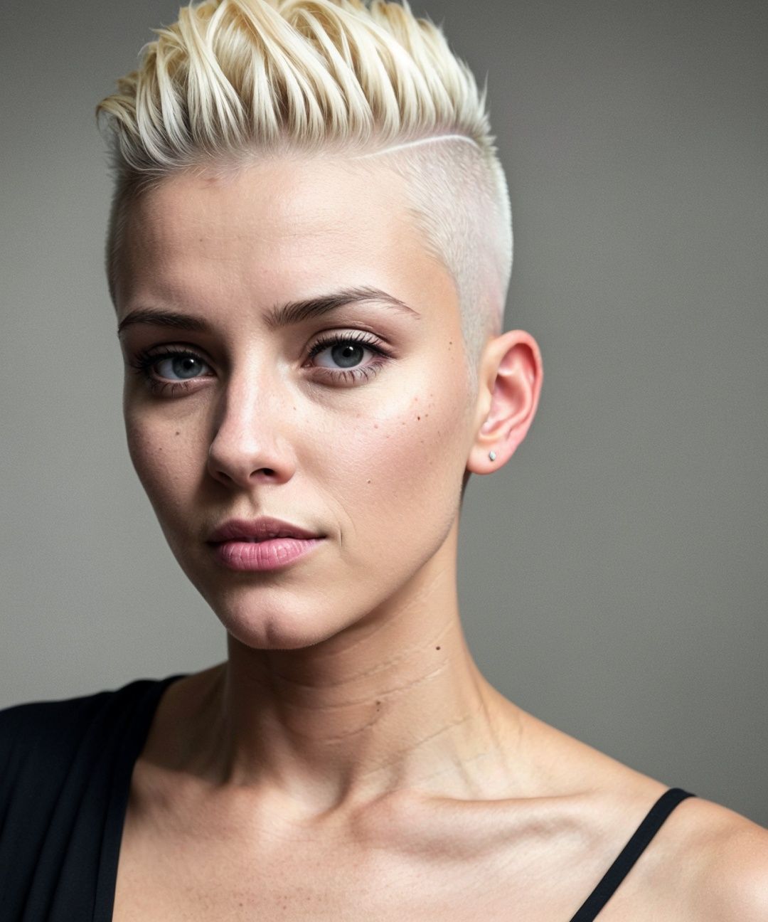 a 42 yo woman, blonde, (hi-top fade:1.3), dark theme, soothing tones, muted colors, high contrast, (natural skin texture, hyperrealism, soft light, sharp)