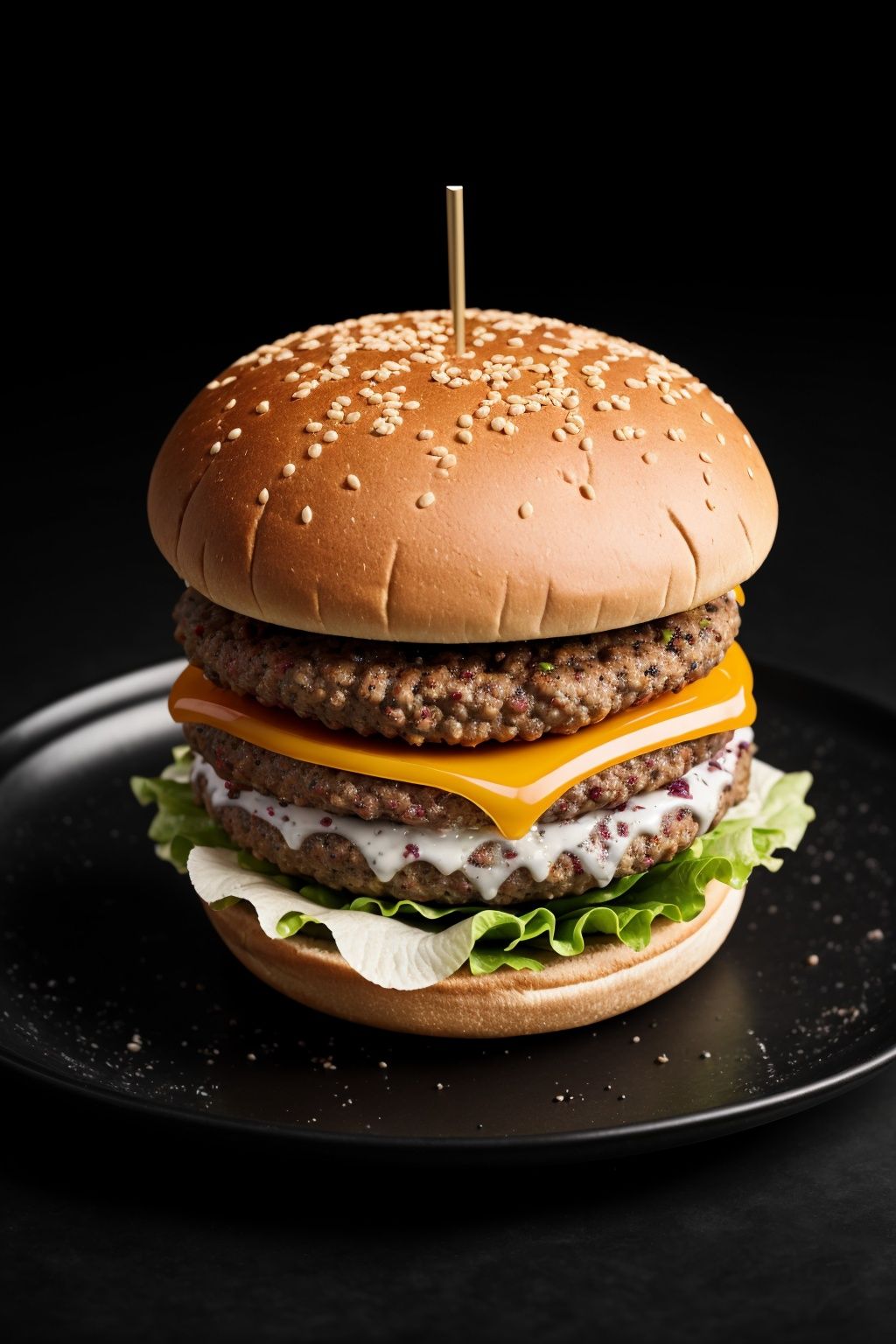 product shot of ultra realistic juicy cheeseburger against a dark background,  two tone lighting,  advertisement on Tensor...
