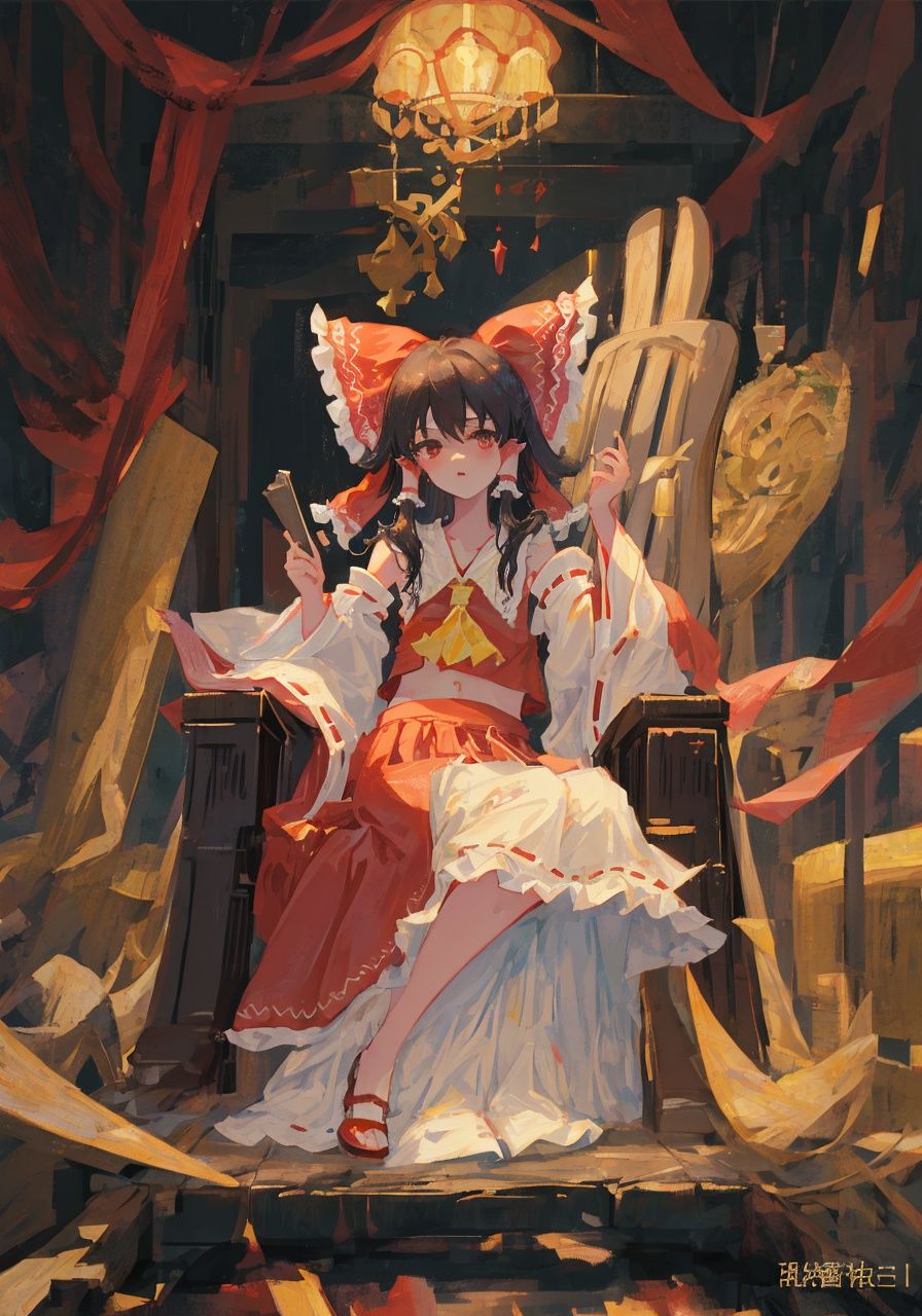 masterpiece, best quality, ultra-detailed, illustration, portrait, hakurei reimu, 1girl, throne room, dimly lit