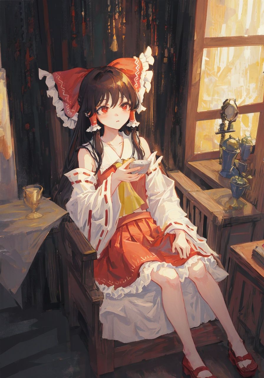 masterpiece, best quality, ultra-detailed, illustration, portrait, hakurei reimu, 1girl, throne room, dimly lit