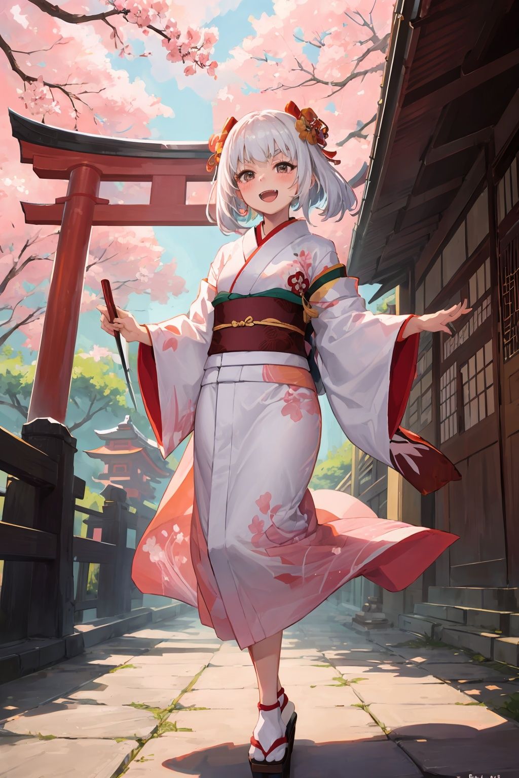 Original Character, Volumetric Lighting, Best Shadows, Shallow Depth of Field, Portrait Of Stunningly Beautiful Girl, Petite, Delicate Beautiful Attractive Face With Alluring Black Eyes, Sharp Eyebrows, Broadly Smiling, Open Mouth, Cute Fangs, Lovely Small Breasts, Layered Medium White Hair, Blush Eyeshadow, Traditional Floral Long Kimono, Kimono Obi, Okobo Shoes, Holding Oil-Paper Umbrella, Cherry Blossom Tree, Flower Branch, With Falling Petals, East Asia Architecture, Standing Looking Up In Little Shrine, Torii Gates, Saisen Bako, Stone Lantern, (Highest Quality, Amazing Details:1.25), (Solo:1.3), Brilliant Colorful Paintings