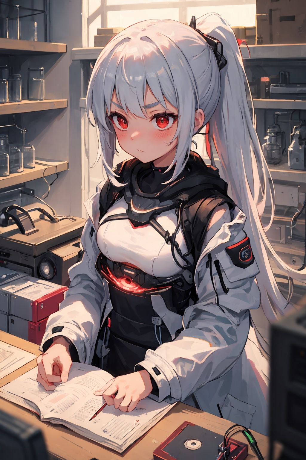 Original Character, Volumetric Lighting, Best Shadows, Shallow Depth of Field, Portrait Of Stunningly Beautiful Girl, Petite, Delicate Beautiful Attractive Face With Alluring Sharp Red Eyes, Sharp Eyebrows, Lost In Thought, Expressionless, Closed Mouth, Lovely Small Breasts, Layered Long Ponytail White Hair, Blush Eyeshadow, Thick Eyelashes, White Research Coat, In The Biopunk Laboratory, Standing Front of Computer Monitors, Standing, Flickering Light Bulb, Chemistry Equipment, Culture ****, Electrical Wires, (Highest Quality, Amazing Details:1.25), (Solo:1.3), Brilliant Colorful Paintings