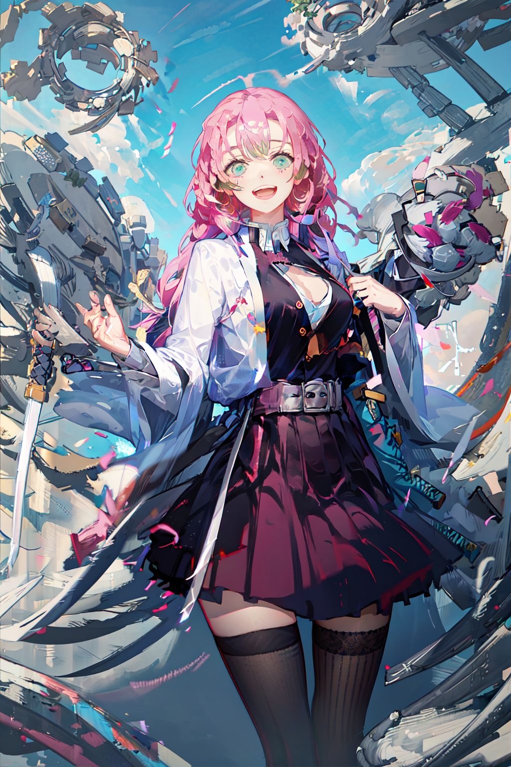 glsml, 1girl, solo, looking_at_viewer, blush, smile, open_mouth, holding, jacket, weapon, cowboy_shot, holding_weapon, holding_sword, katana, ribbed_legwear, forest