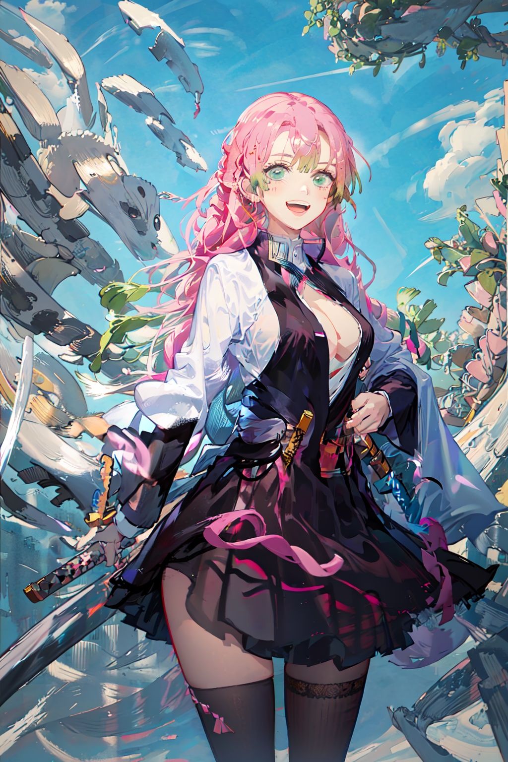 glsml, 1girl, solo, looking_at_viewer, blush, smile, open_mouth, holding, jacket, weapon, cowboy_shot, holding_weapon, holding_sword, katana, ribbed_legwear, forest