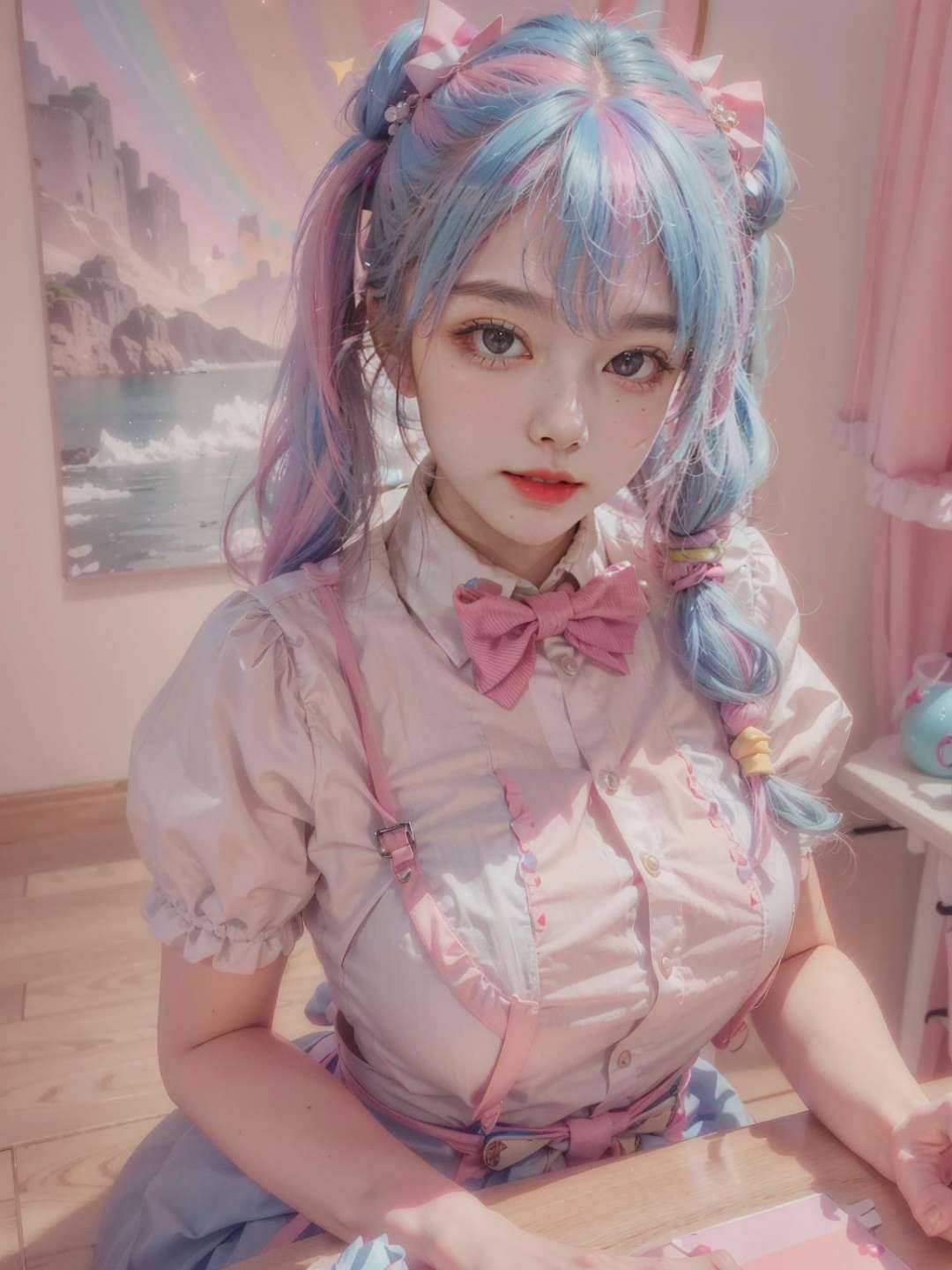 , 1girl, twintails, multicolored hair, hair over one eye, x hair ornament, hair ornament, blue eyes, blue hair, smile, bow, pink hair, blonde hair, solo, looking at viewer, yellow bow, indoors, heart, makeup, skirt, selfie, phone, dress, teeth, hairclip, monitor, reaching towards viewer, long hair, bangs, short sleeves, pink nails, bowtie, suspenders, yellow bowtie, hair tie, open mouth, computer, stuffed toy, sitting, shirt, livestream, belt, quad tails, pill, v,sparkle,violet lighting,,the most beautiful form of chaos, elegant, a brutalist designed, vivid colours, romanticism, atmospheric, (RAW photo, best quality), (realistic, photo-realistic:1.3), masterpiece, an extremely delicate and beautiful, extremely detailed,, (floating colorful {wind|water magic|ink|crystals|fire|ice|flame|lightning|web|rocks|sand|particles|sparkles|blood}:1), 