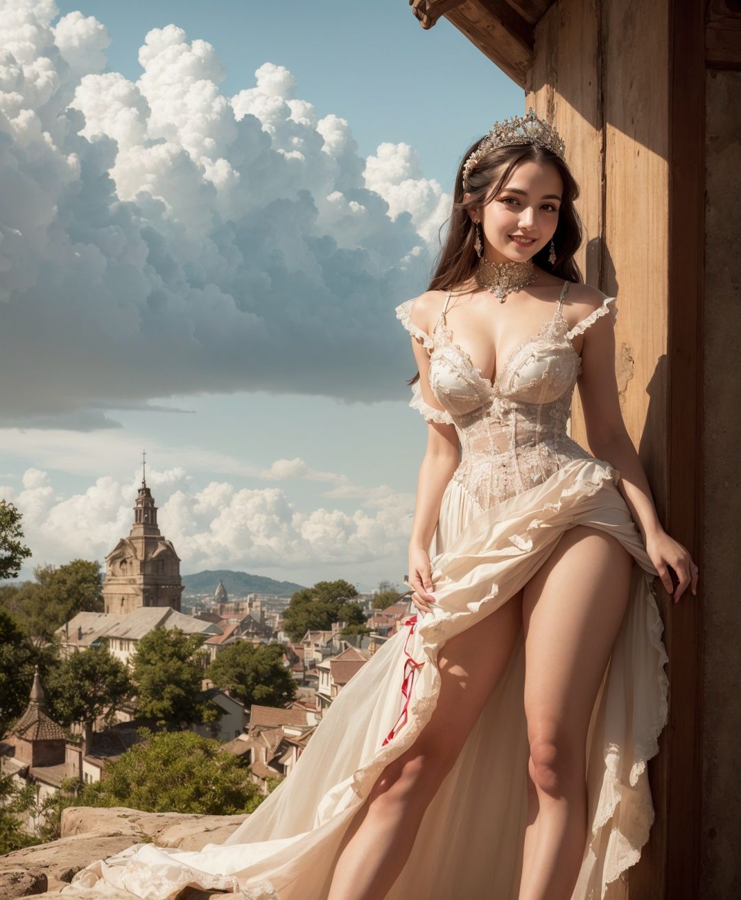 a beautiful girl, perfect face, full body, victorian era, noble dress, complicated decoration,
spelling, talking, smiling, arms behind back, 
soft rim light, beautiful detailed sky, 
Adonna Khare, 
masterpiece, ultra high res, high quality, 4k, (photorealistic:1.2), photo,