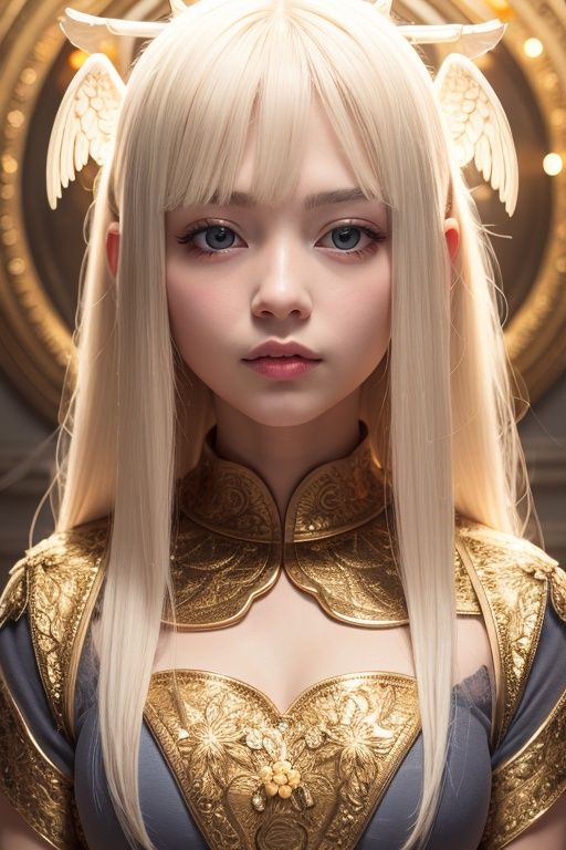 masterpiece, best quality, ultra-detailed, illustration, close-up, straight on, face focus, 1girl, white hair, golden eyes, long hair, halo, angel wings, serene expression, looking at viewer