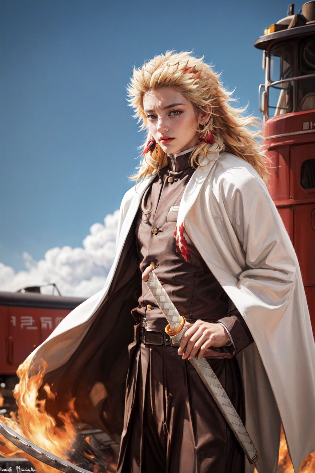 Akindo Sushiro, solo, looking_at_viewer, smile, 1boy, holding _word, closed_mouth, standing, jacket, cowboy_shot, signature, fire, sheath, belt_buckle, white_belt, unsheathing, holding_sheath, (steam_train)