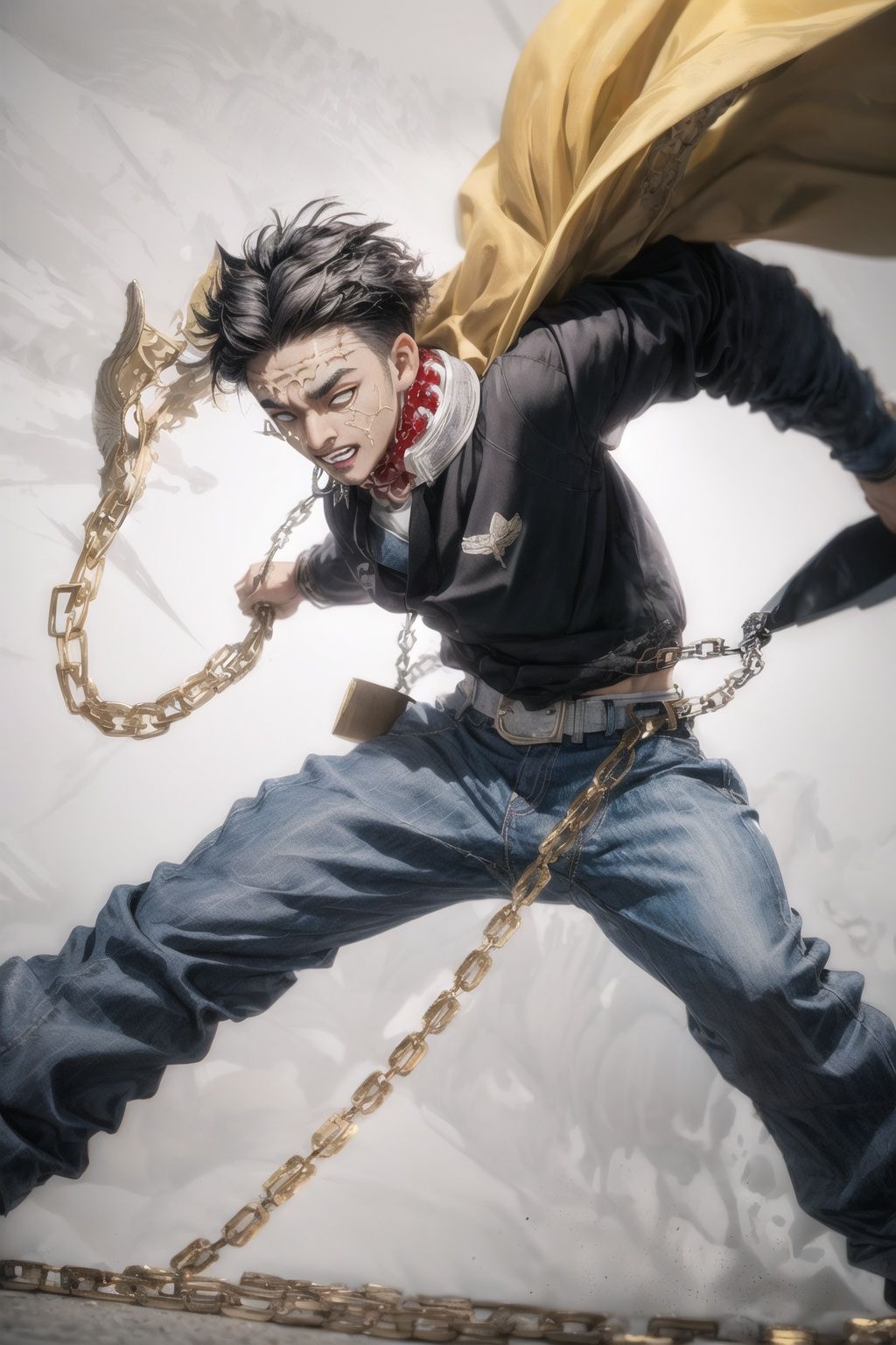 himejima_gyoumei, solo, long_sleeves, 1man, weapon, male_focus, cowboy_shot, teeth, sword, holding_weapon, chain, black_pants, clenched_teeth, veins, fighting_stance, scar_on_nose