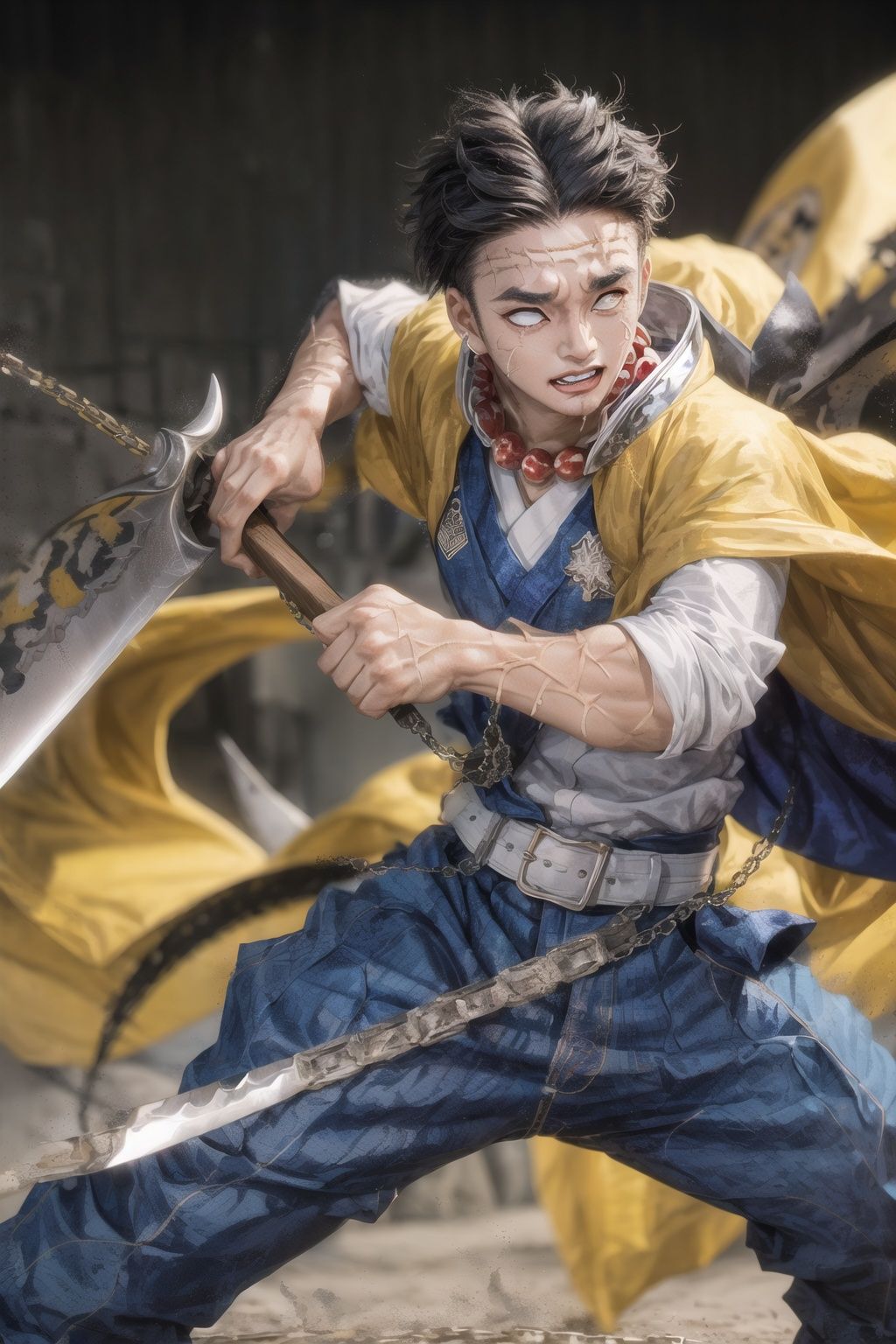 himejima_gyoumei, solo, long_sleeves, 1man, weapon, male_focus, cowboy_shot, teeth, sword, holding_weapon, chain, black_pants, clenched_teeth, veins, fighting_stance, scar_on_nose