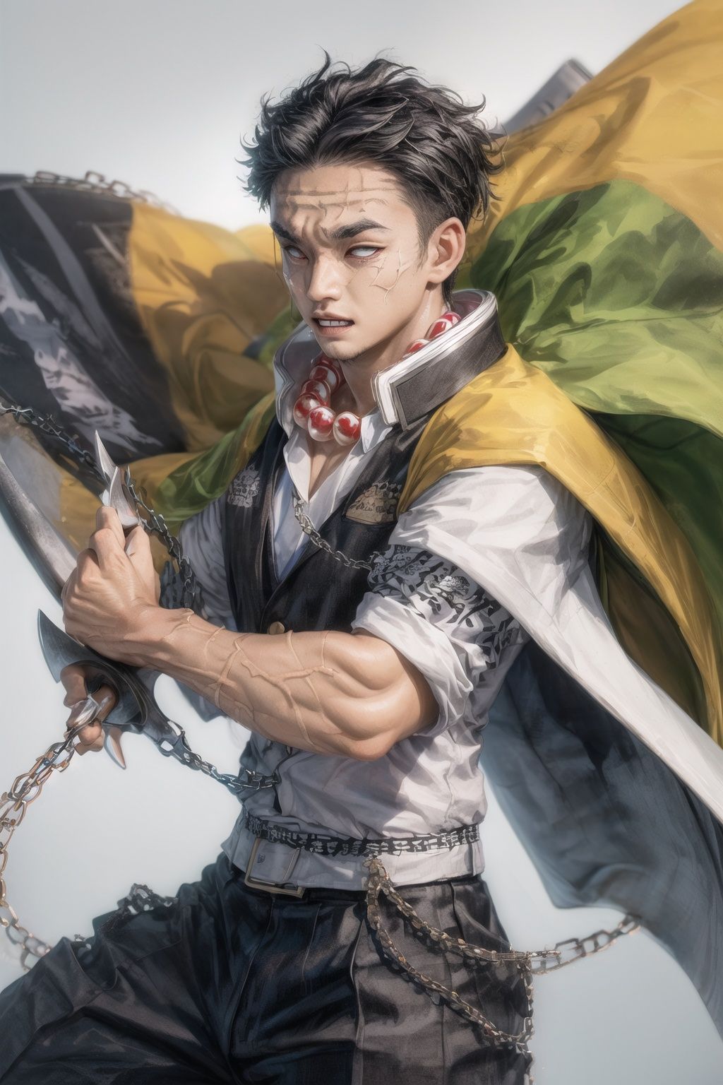 himejima_gyoumei, solo, long_sleeves, 1man, weapon, male_focus, cowboy_shot, teeth, sword, holding_weapon, chain, black_pants, clenched_teeth, veins, fighting_stance, scar_on_nose