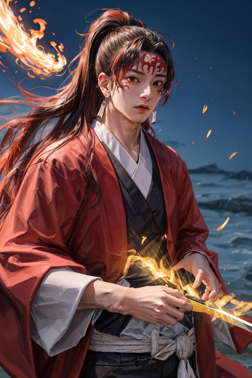 1man, Yoriichi_tsugikuni, solo, looking_at_viewer, upper_body, (male_focus:1.2), earrings, kimono, glowing, holding-katana, sheath, unsheathing, fire