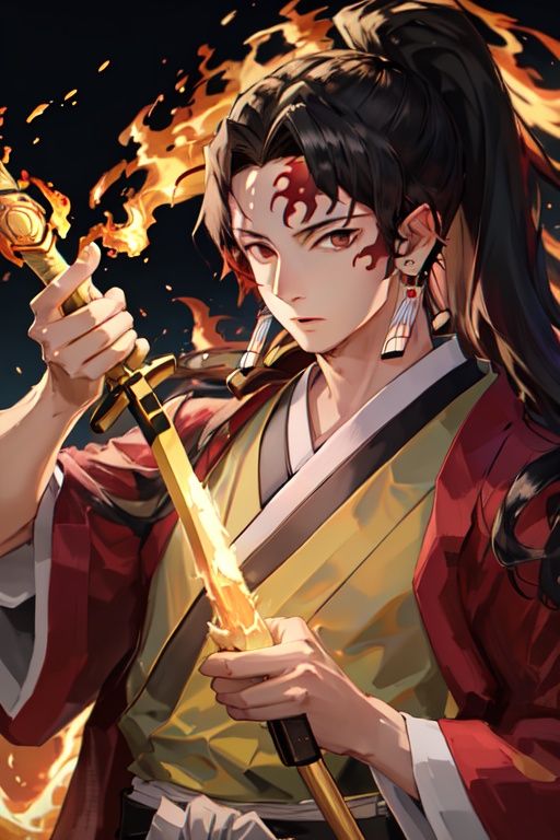 1man, Yoriichi_tsugikuni, solo, looking_at_viewer, upper_body, male_focus, earrings, kimono, glowing, holding-katana, sheath, unsheathing, fire