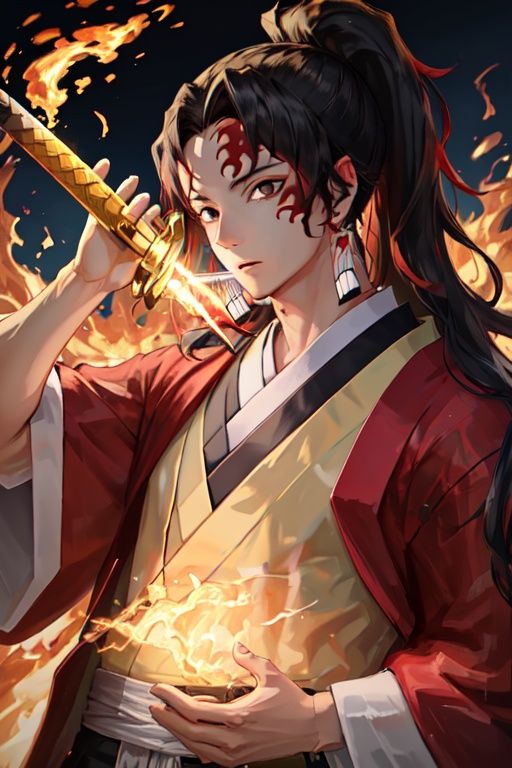 1man, Yoriichi_tsugikuni, solo, looking_at_viewer, upper_body, male_focus, earrings, kimono, glowing, holding-katana, sheath, unsheathing, fire