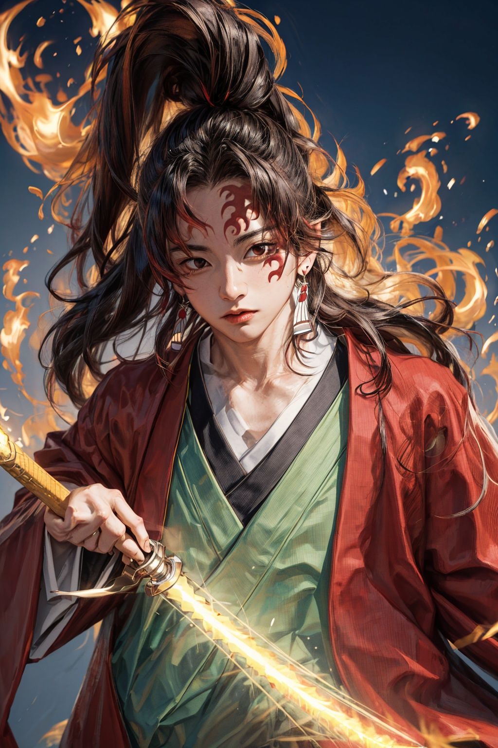 1man, Yoriichi_tsugikuni, solo, looking_at_viewer, upper_body, (male_focus:1.2), earrings, kimono, glowing, holding-katana, sheath, unsheathing, fire
