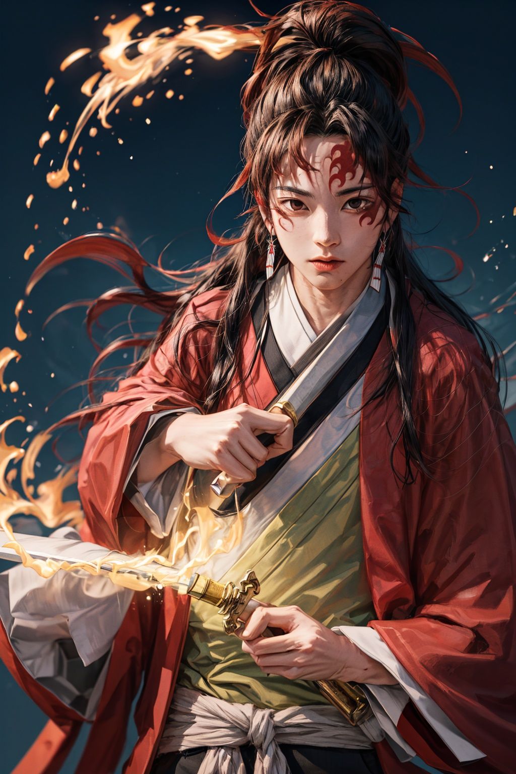 1man, Yoriichi_tsugikuni, solo, looking_at_viewer, upper_body, (male_focus:1.2), earrings, kimono, glowing, holding-katana, sheath, unsheathing, fire