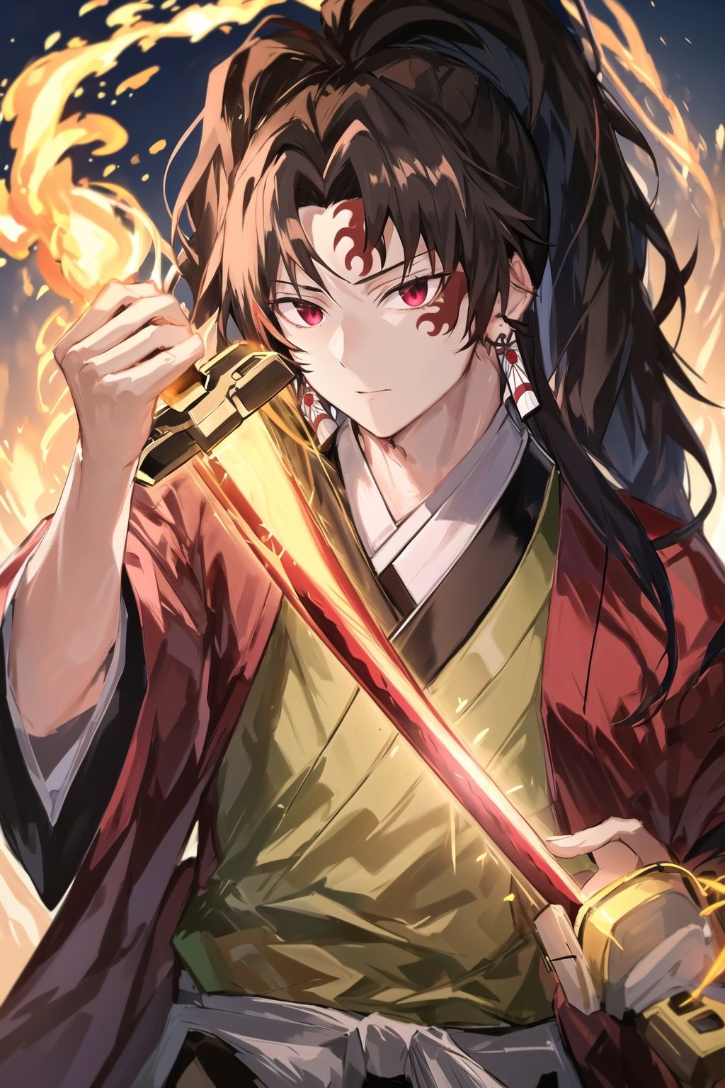 1man, Yoriichi_tsugikuni, solo, looking_at_viewer, upper_body, male_focus, earrings, kimono, glowing, holding-katana, sheath, unsheathing, fire